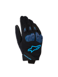 Alpinestars SP X 1 Gloves, Motorcycle Racing Gloves, Black and Blithe Blue, featuring blue TPR knuckle protectors, bright blue star logo on backhand, stretch fabric construction, sleek sport design with performance-focused details