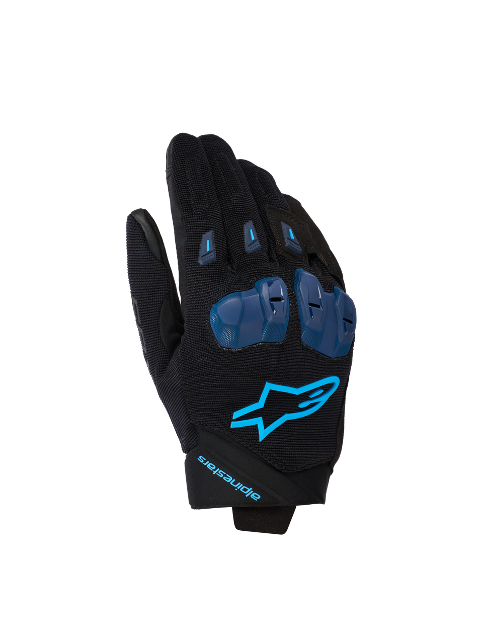 Gants Alpinestars SP X 1, gants de moto sport, noir et bleu Blithe, dotés de protections d'articulations en TPR bleu, logo étoile bleu vif sur le dos de la main, construction en tissu extensible, design sportif épuré avec détails axés sur la performance