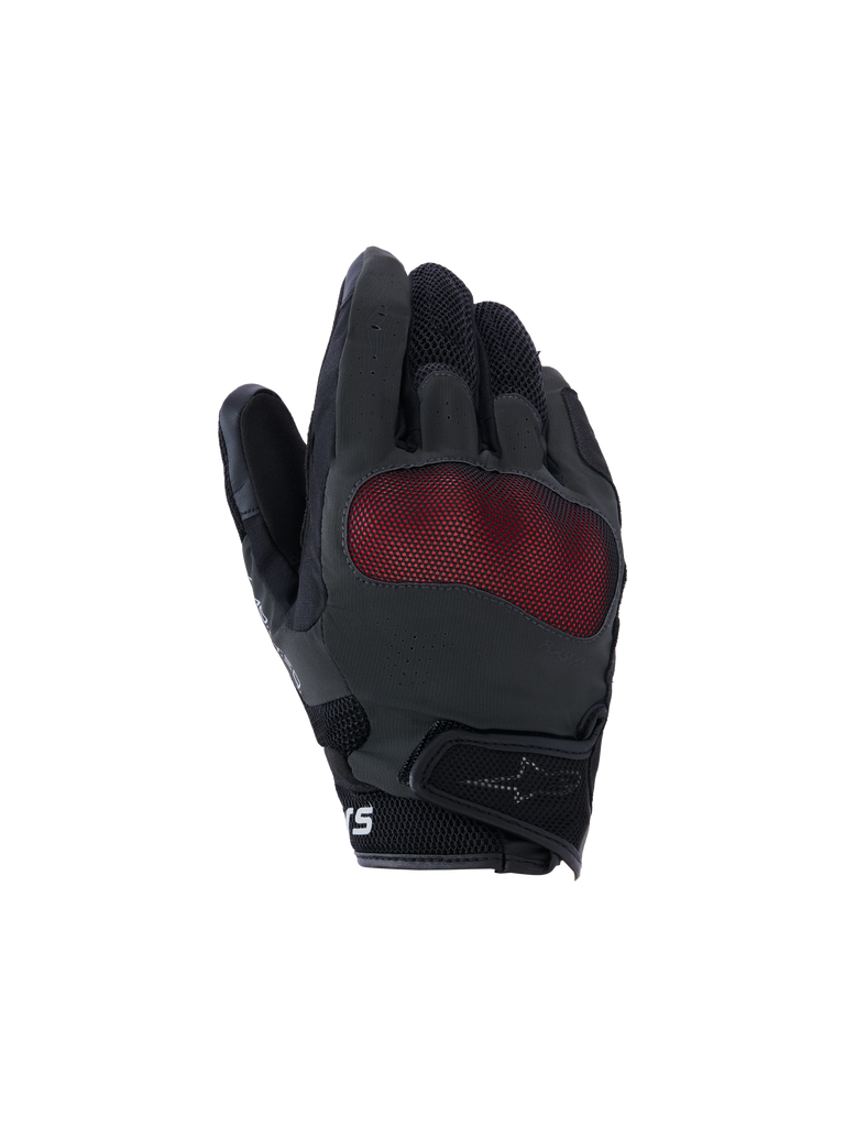 Alpinestars Mogress Airflow Gloves, gants de moto tout-terrain, noirs avec panneau mesh rouge, zones renforcées texturées sur les doigts, paume protégée, logo blanc au poignet, perforations pour respirabilité