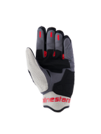 Gants Alpinestars Mogress Airflow, gants de moto urbains, Noir, Rouge Flamme et Écru, vue de la paume avec renforts en suède synthétique, inserts d'adhérence en silicone rouge sur les doigts et panneaux en maille respirante sur le pouce et le poignet.