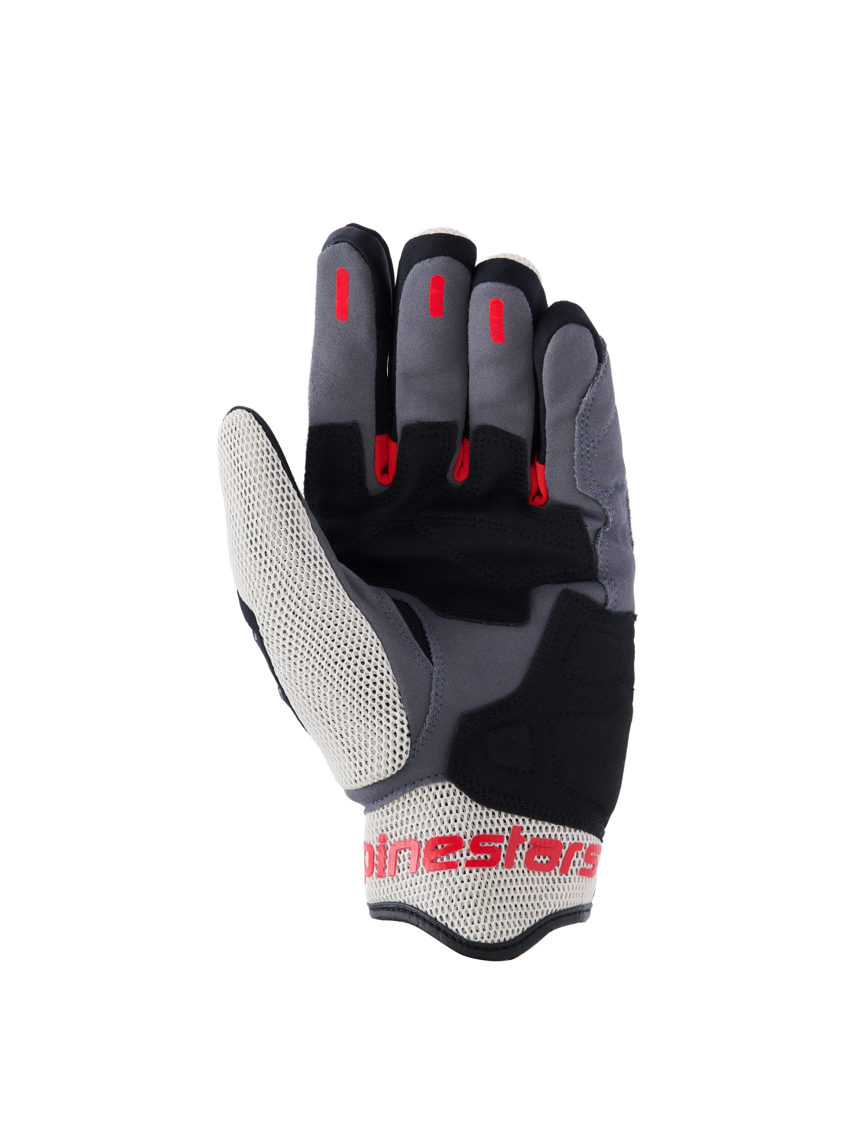 Gants Alpinestars Mogress Airflow, gants de moto urbains, Noir, Rouge Flamme et Écru, vue de la paume avec renforts en suède synthétique, inserts d'adhérence en silicone rouge sur les doigts et panneaux en maille respirante sur le pouce et le poignet.