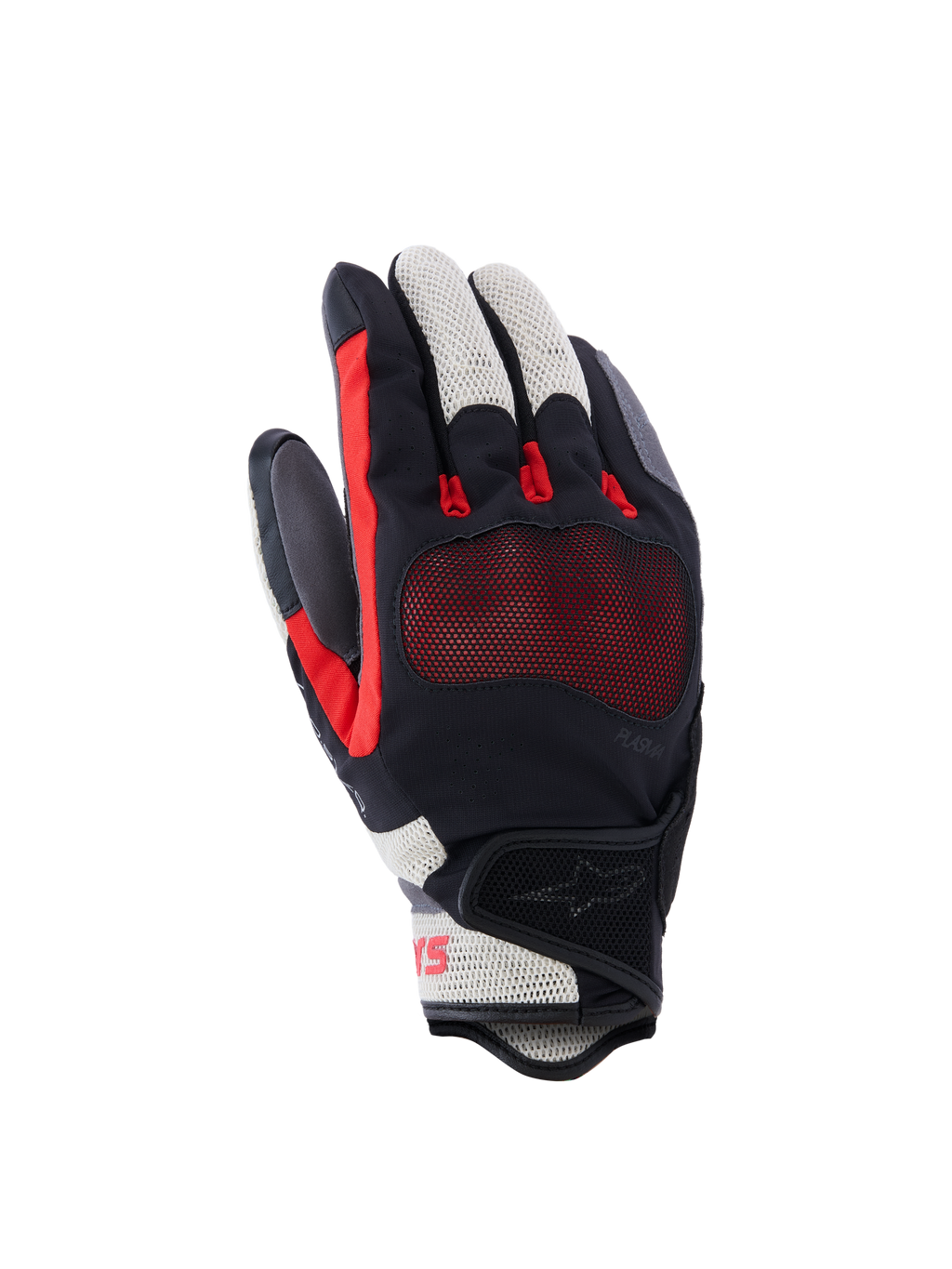 Gants Alpinestars Mogress Airflow, gants de moto, noir, rouge flamme et écru, avec dos de la main perforé au laser et inserts en mesh 3D, protection transparente des articulations, manchette courte, équipement de conduite urbaine estivale