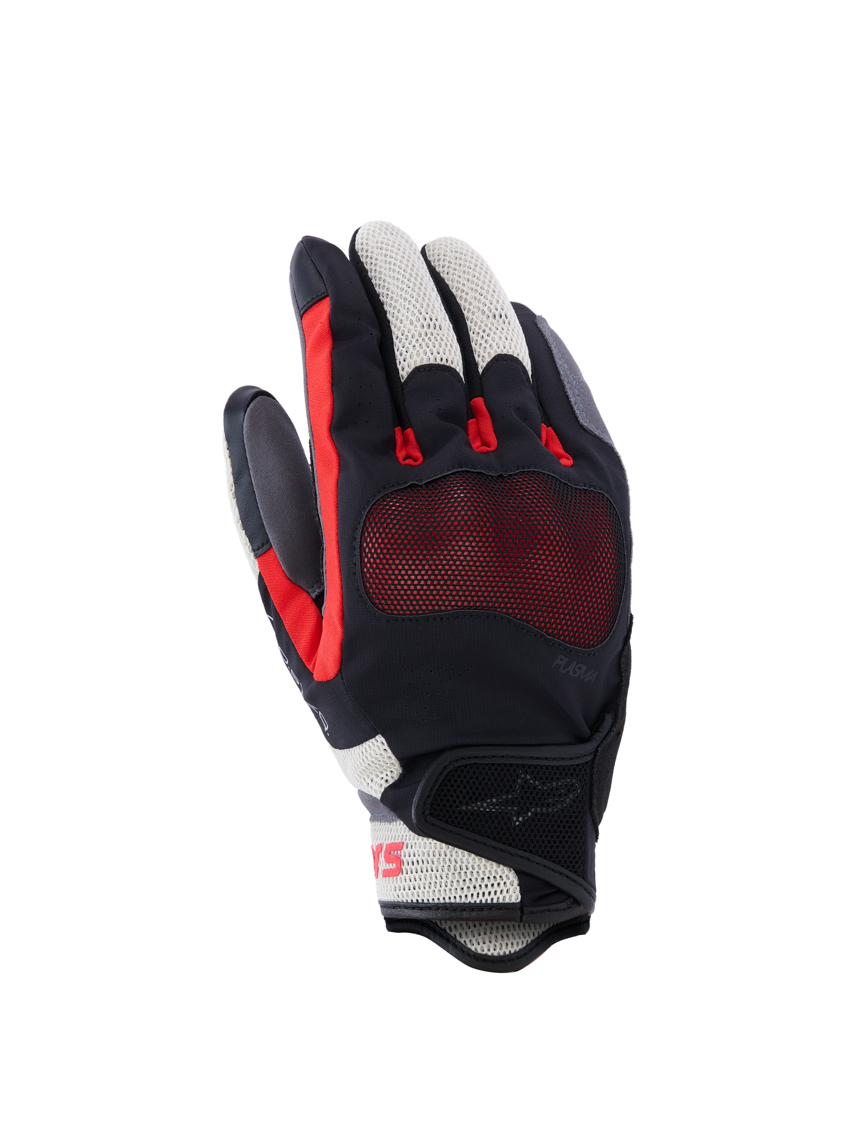 Gants Alpinestars Mogress Airflow, gants de moto, noir, rouge flamme et écru, avec dos de la main perforé au laser et inserts en mesh 3D, protection transparente des articulations, manchette courte, équipement de conduite urbaine estivale