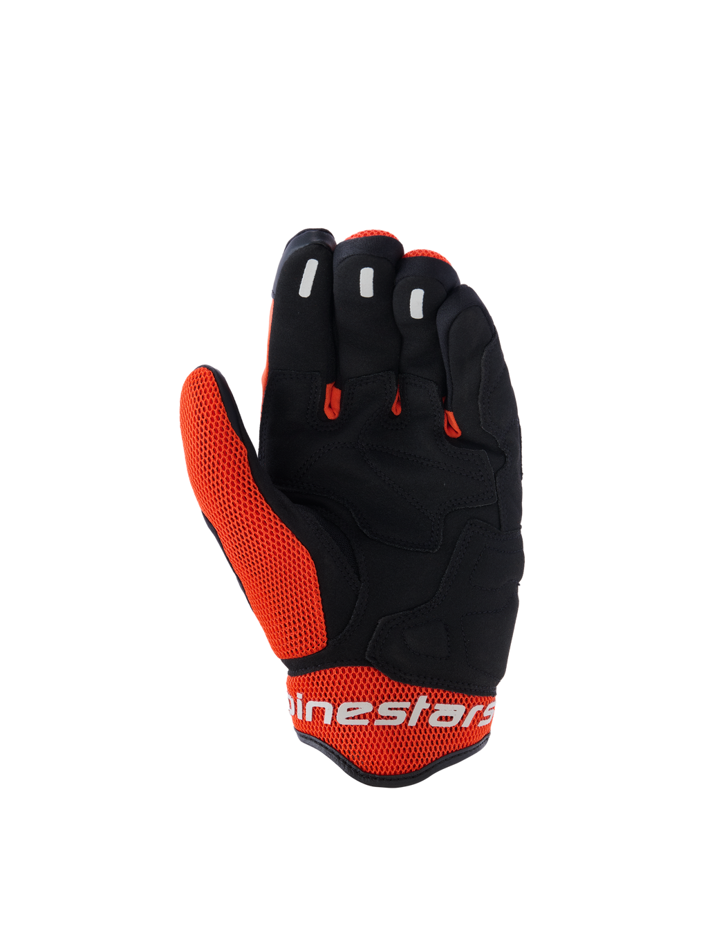 Gants Alpinestars Mogress Airflow, gants de moto, noir et tangerine, vue de la paume présentant une construction synthétique noire avec des inserts en maille orange, grip en silicone sur le bout des doigts, logo Alpinestars blanc sur la manchette, design pour la conduite urbaine estivale
