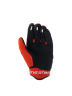 Gants Alpinestars Mogress Airflow, gants de moto, noir et tangerine, vue de la paume présentant une construction synthétique noire avec des inserts en maille orange, grip en silicone sur le bout des doigts, logo Alpinestars blanc sur la manchette, design pour la conduite urbaine estivale