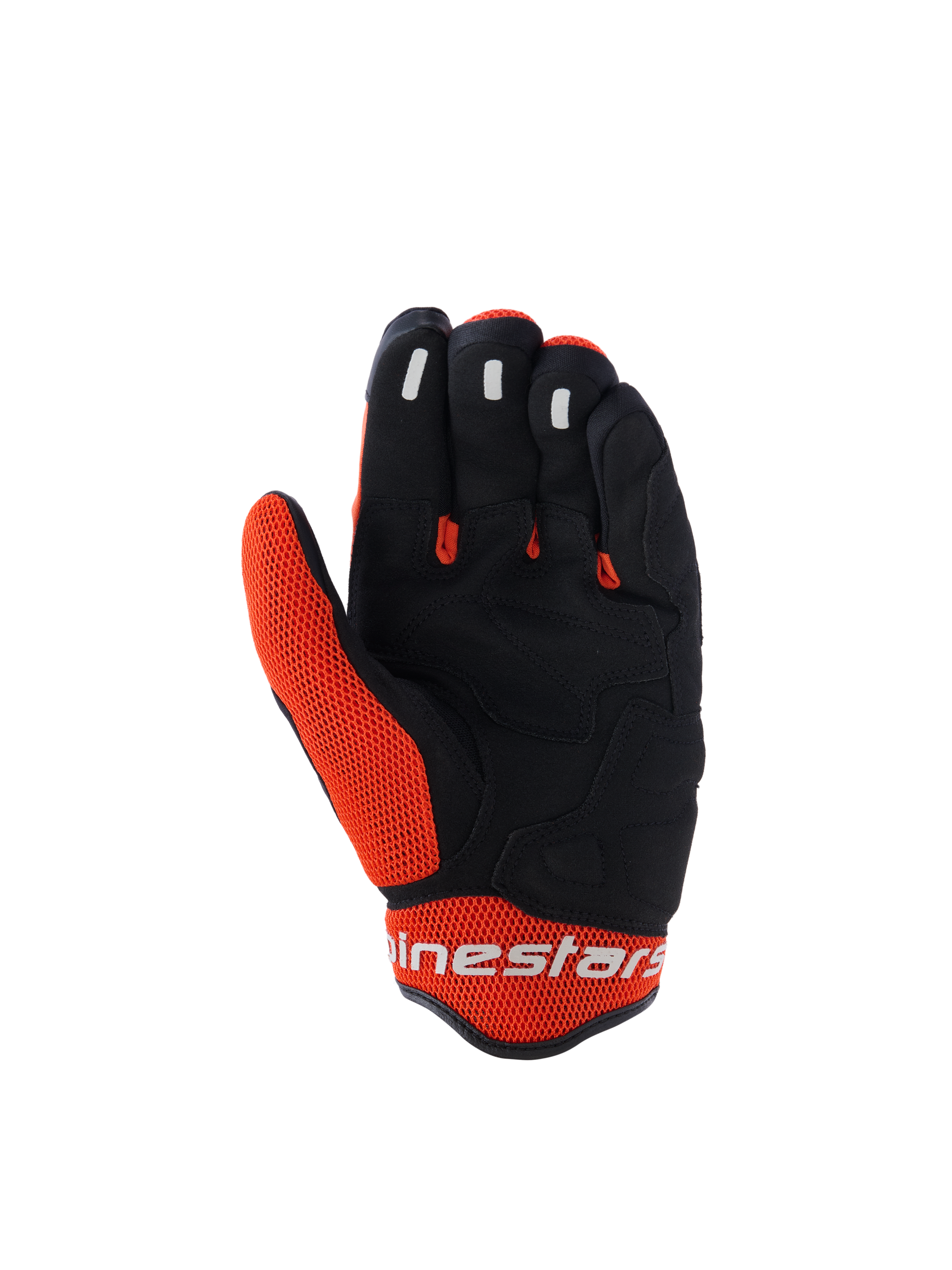 Gants Alpinestars Mogress Airflow, gants de moto, noir et tangerine, vue de la paume présentant une construction synthétique noire avec des inserts en maille orange, grip en silicone sur le bout des doigts, logo Alpinestars blanc sur la manchette, design pour la conduite urbaine estivale