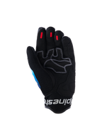 Gants Alpinestars Mogress Airflow, gants de moto urbains, bleu et noir dégradé, vue de la paume en cuir synthétique renforcé avec coutures contrastées blanches, inserts d'adhérence en silicone rouge sur le bout des doigts et manchette en maille 3D noire avec logo blanc.