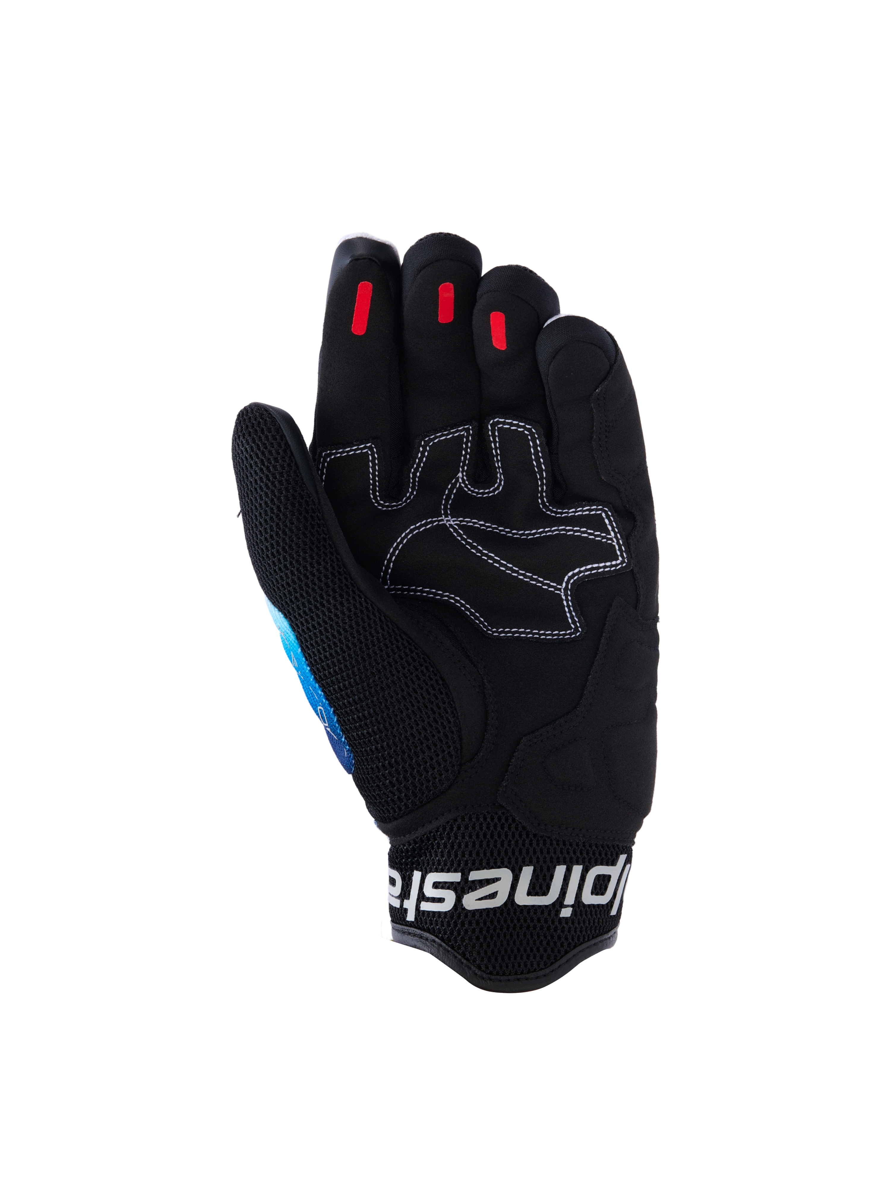 Gants Alpinestars Mogress Airflow, gants de moto urbains, bleu et noir dégradé, vue de la paume en cuir synthétique renforcé avec coutures contrastées blanches, inserts d'adhérence en silicone rouge sur le bout des doigts et manchette en maille 3D noire avec logo blanc.