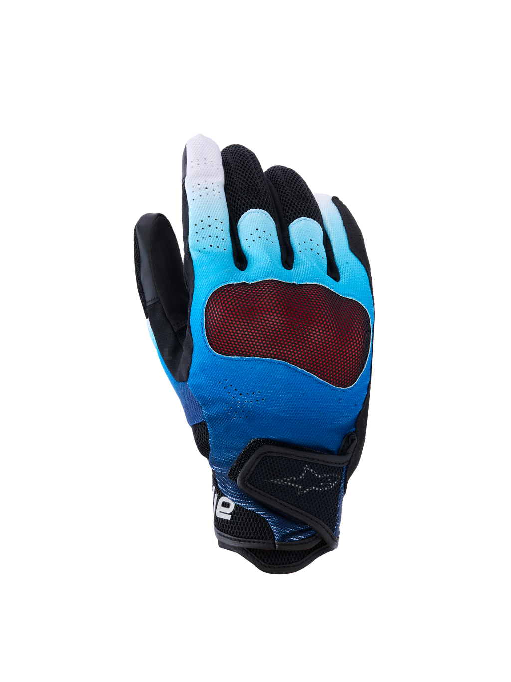 Gants de moto Alpinestars Mogress Airflow, bleu dégradé et noir, avec protection d'articulations rouge transparente, dos de la main perforé respirant avec panneaux en maille 3D, manchette courte à sangle réglable, design urbain