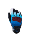 Gants de moto Alpinestars Mogress Airflow, bleu dégradé et noir, avec protection d'articulations rouge transparente, dos de la main perforé respirant avec panneaux en maille 3D, manchette courte à sangle réglable, design urbain