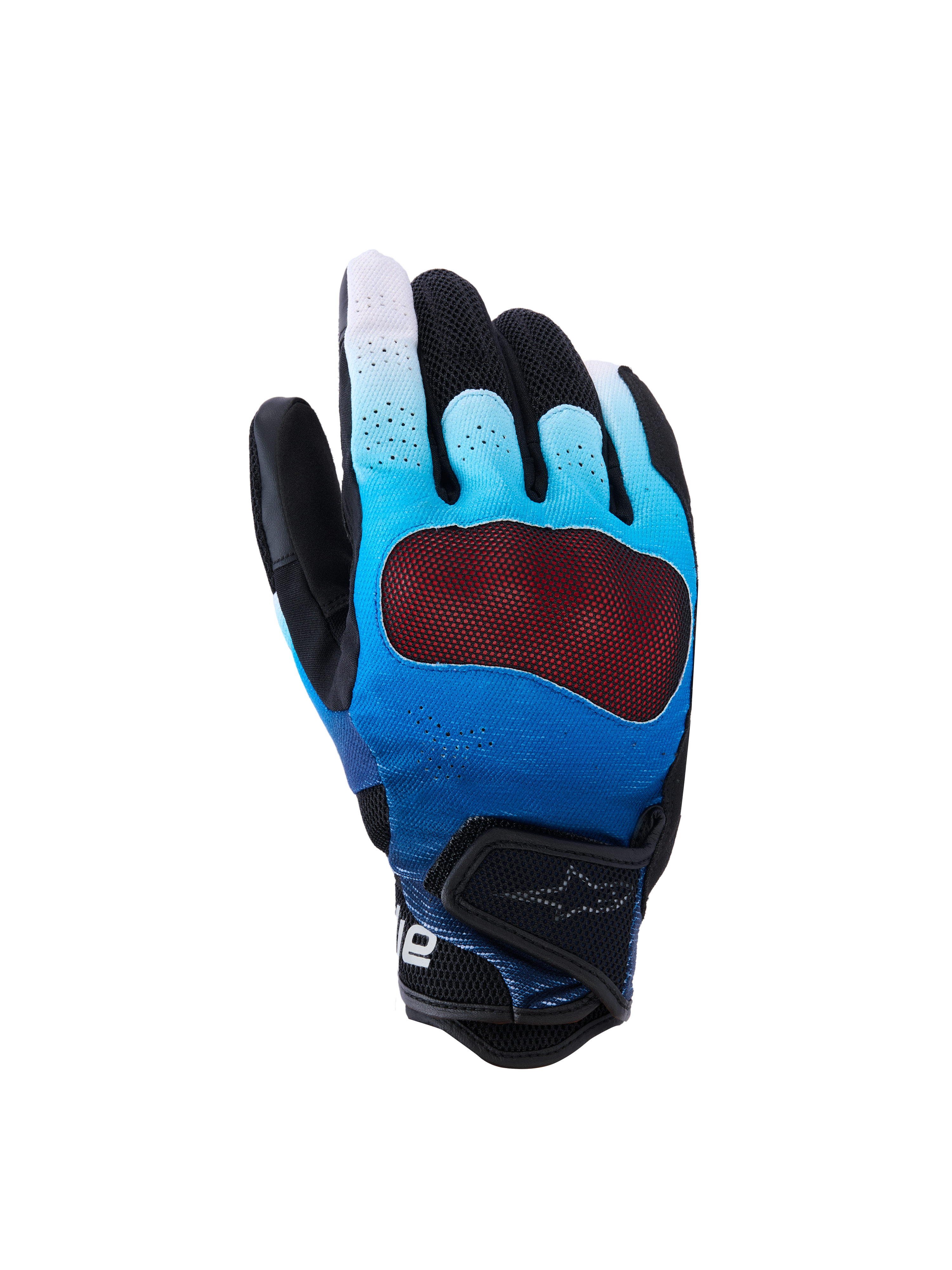 Gants de moto Alpinestars Mogress Airflow, bleu dégradé et noir, avec protection d'articulations rouge transparente, dos de la main perforé respirant avec panneaux en maille 3D, manchette courte à sangle réglable, design urbain