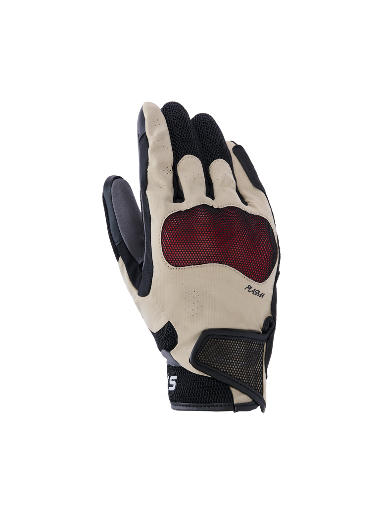 Alpinestars Mogress Airflow, gants de moto, beige, noirs et rouges, zone palmaire texturée rouge, doigts perforés respirants, mesh noir au poignet avec sangle velcro, design ergonomique sportif