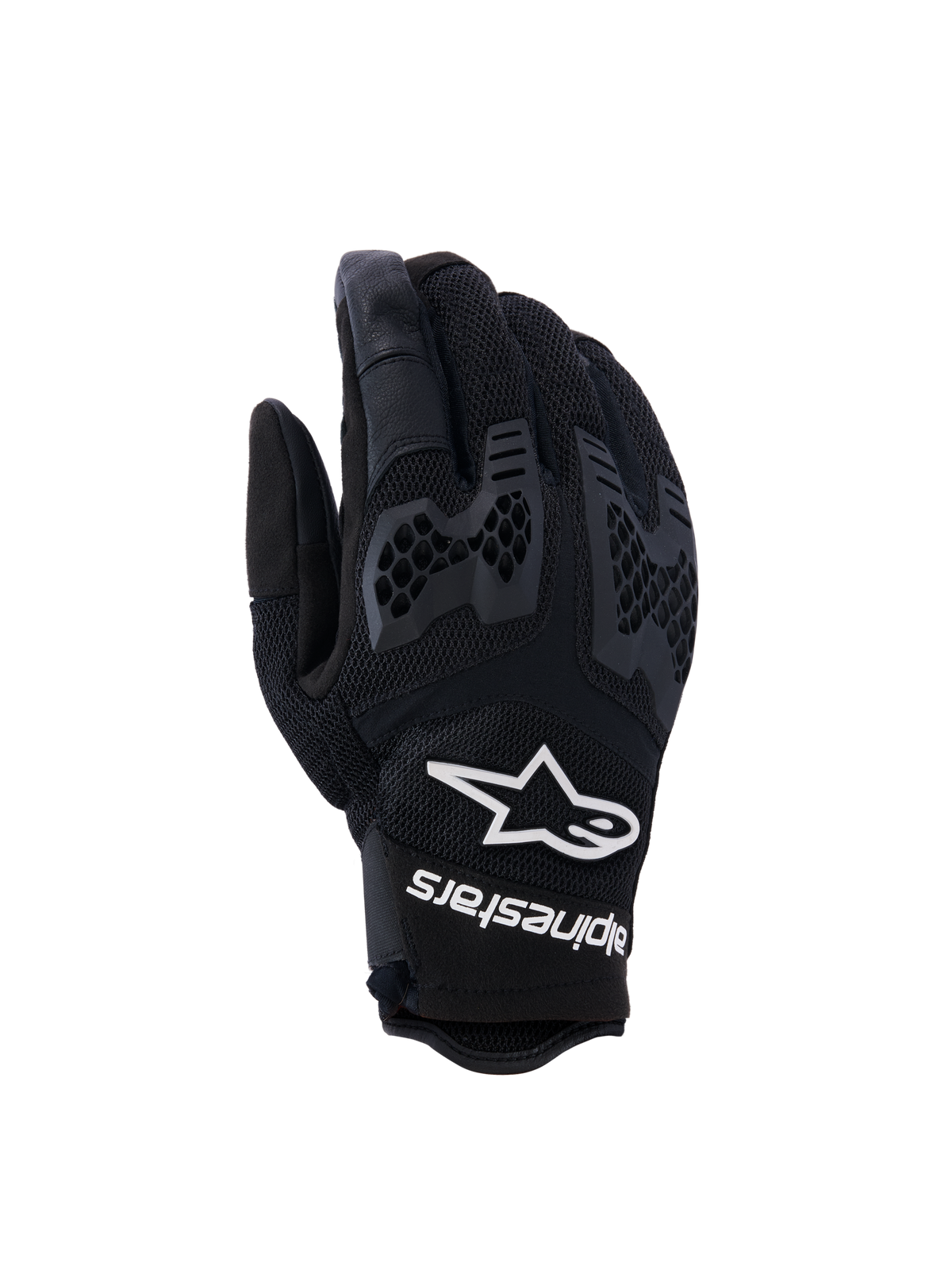 Alpinestars Manti Air Gloves, gants de moto noirs, mesh respirant et protection des articulations en nid d'abeille texturé, logo et texte Alpinestars blancs sur le poignet, design léger pour la conduite aventure estivale