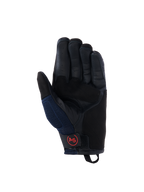 Alpinestars Manti Air Gloves, Motorcycle Gloves, Deep Blue and Black, leather palm view with perforated fingers, mesh side panels, and red circular AS logo on the wrist strap, adventure riding gear