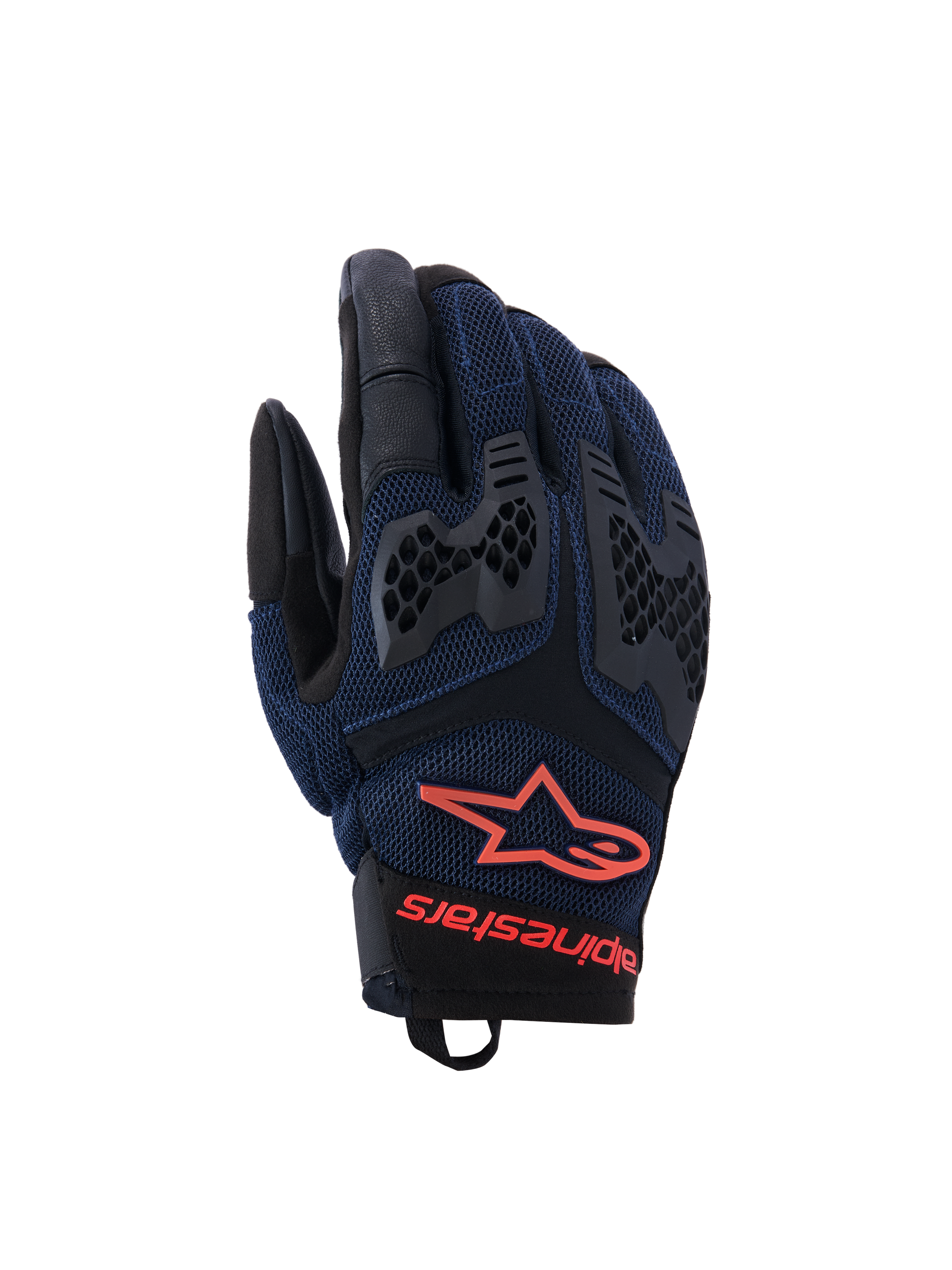 Gants Alpinestars Manti Air, gants de moto, bleu foncé et noir avec accents rouge fluo, dotés d'une construction en mesh respirant et de protections d'articulations en TPU en nid d'abeille, logo étoile et marquage Alpinestars sur le poignet, conçus pour la conduite aventure estivale
