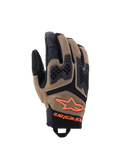 Alpinestars Manti Air Gloves, Motorcycle Gloves, Dark Khaki and Black with Orange Fluo accents, featuring 3D stretch mesh construction, injected knuckle protection with perforated design, orange star logo, and secure wrist closure, designed for summer adventure and road riding