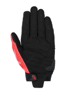 Gants Alpinestars MM93 SP X 1, vue de la paume, Noir et Rouge Fluo, construction en cuir synthétique avec paume perforée, sections renforcées, slider en TPR sur la paume et sangle de poignet en velcro avec logo Alpinestars.