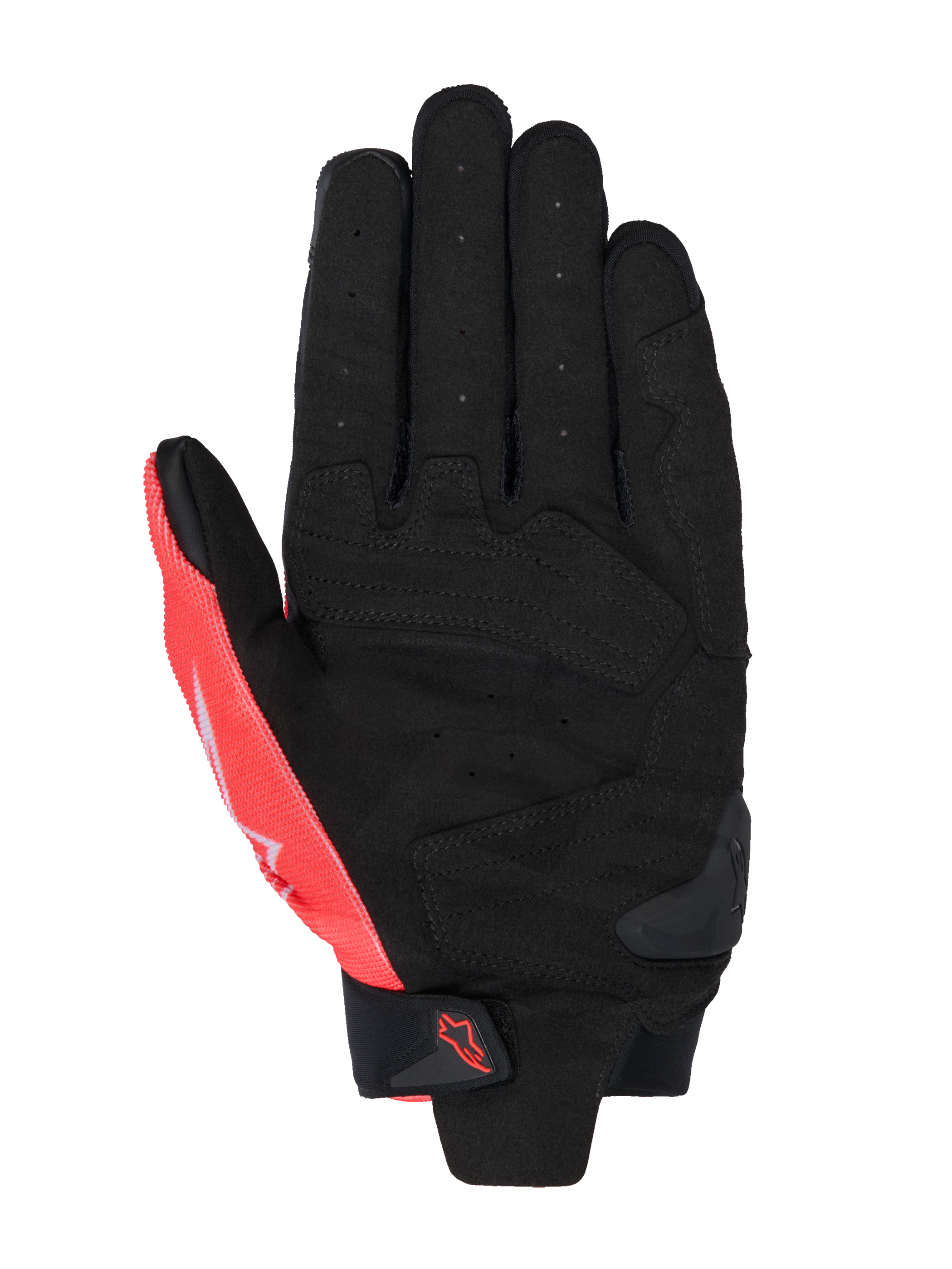 Gants Alpinestars MM93 SP X 1, vue de la paume, Noir et Rouge Fluo, construction en cuir synthétique avec paume perforée, sections renforcées, slider en TPR sur la paume et sangle de poignet en velcro avec logo Alpinestars.