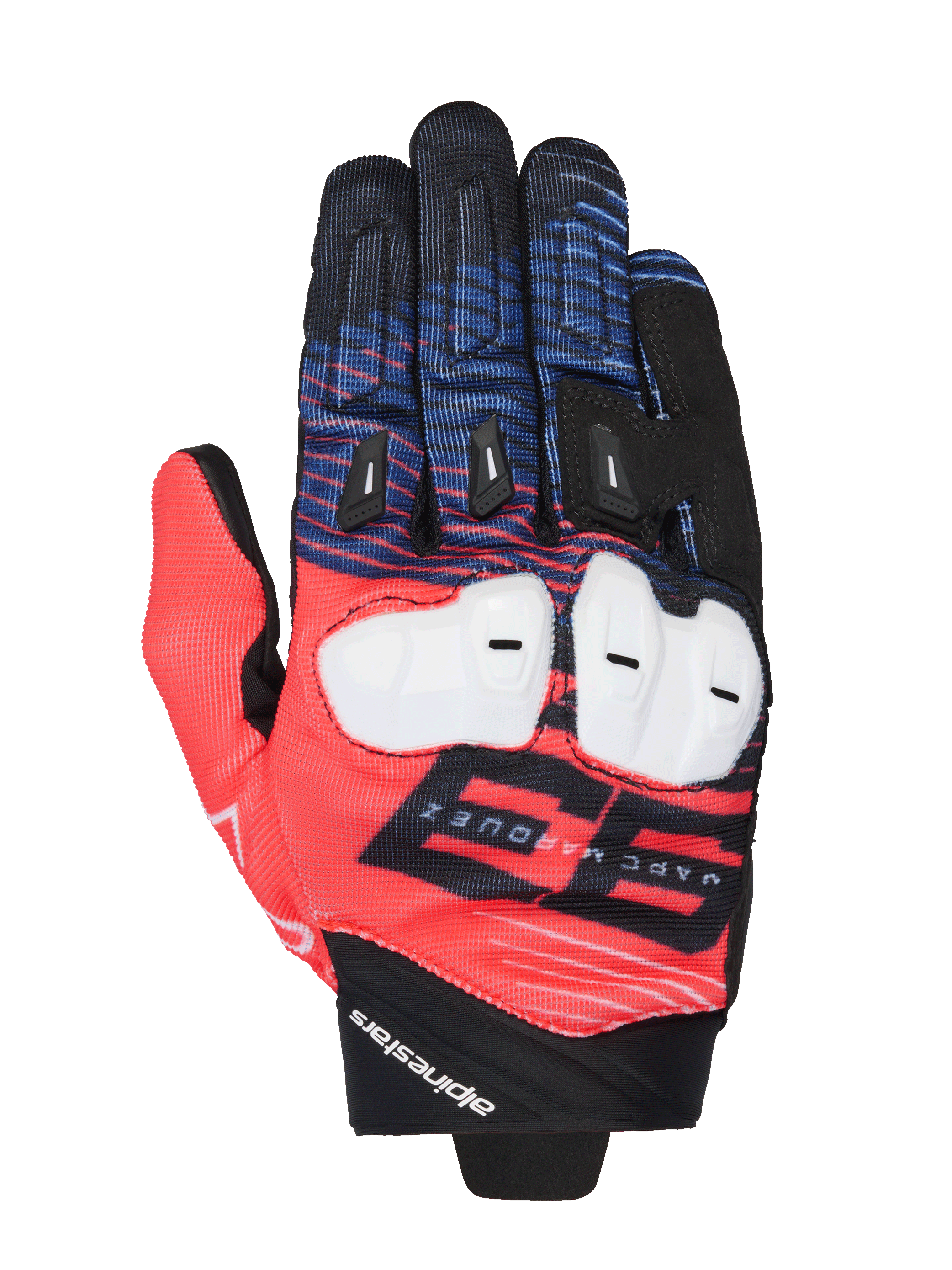 Alpinestars MM93 Spx 1, gants de moto racing, rouges, bleus et noirs, avec protections blanches sur les articulations, graphisme 93 Marc Marquez proéminent, textile texturé avec curseurs de doigts noirs, design racing sportif avec marquage Alpinestars au poignet