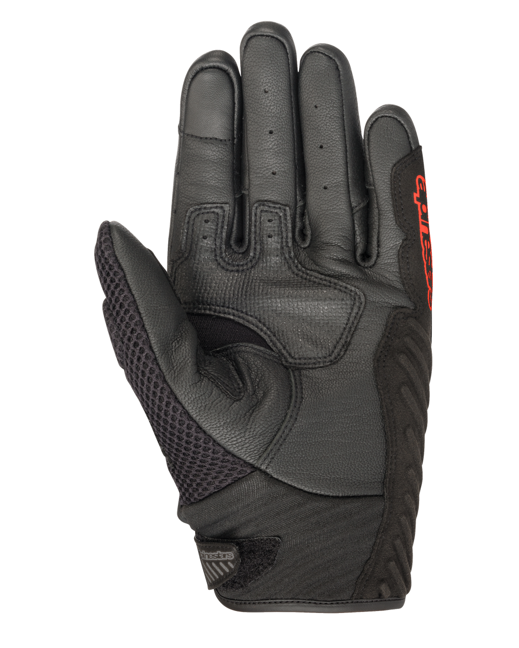 Gants Alpinestars SMX-1 Air V2, Noir et Rouge Fluo, vue de la paume montrant le cuir perforé, le panneau du pouce en mesh, les zones de préhension renforcées et le logo rouge, conçus pour la conduite moto routière estivale