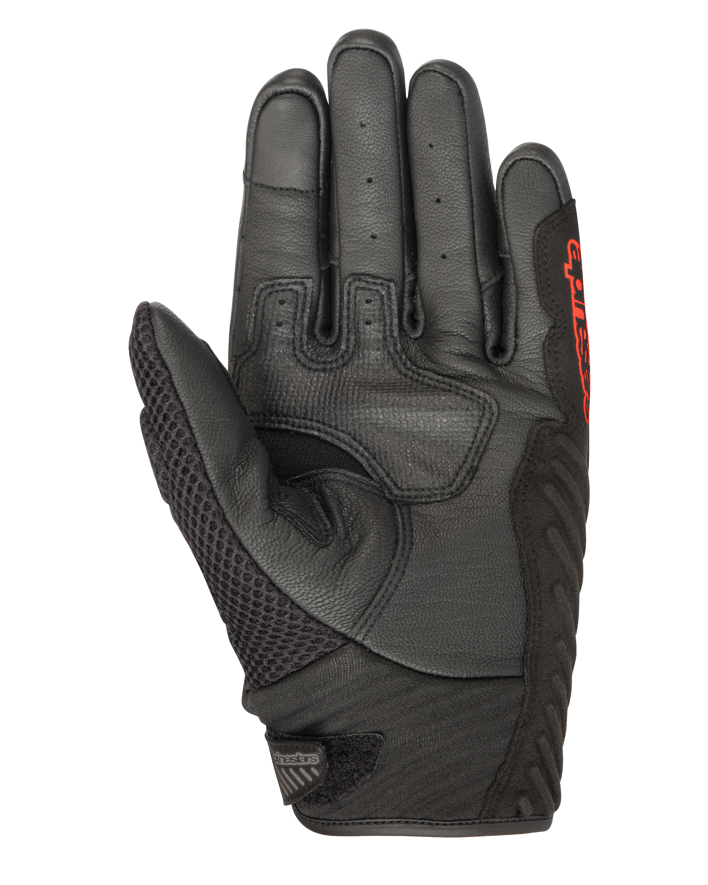 Gants Alpinestars SMX-1 Air V2, Noir et Rouge Fluo, vue de la paume montrant le cuir perforé, le panneau du pouce en mesh, les zones de préhension renforcées et le logo rouge, conçus pour la conduite moto routière estivale