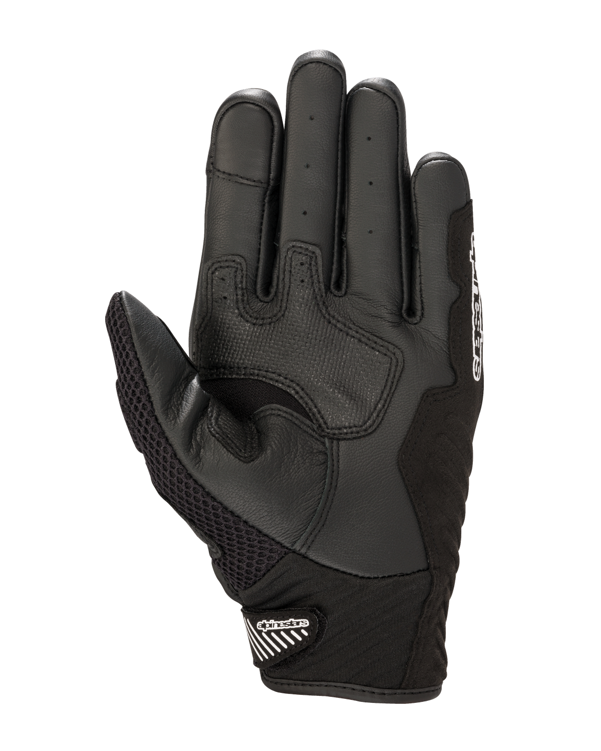 Gants Alpinestars SMX-1 Air V2, vue de la paume, noir et blanc, dotés de zones d'adhérence en cuir renforcé, d'une paume perforée pour la ventilation et d'une manchette courte avec fermeture velcro.