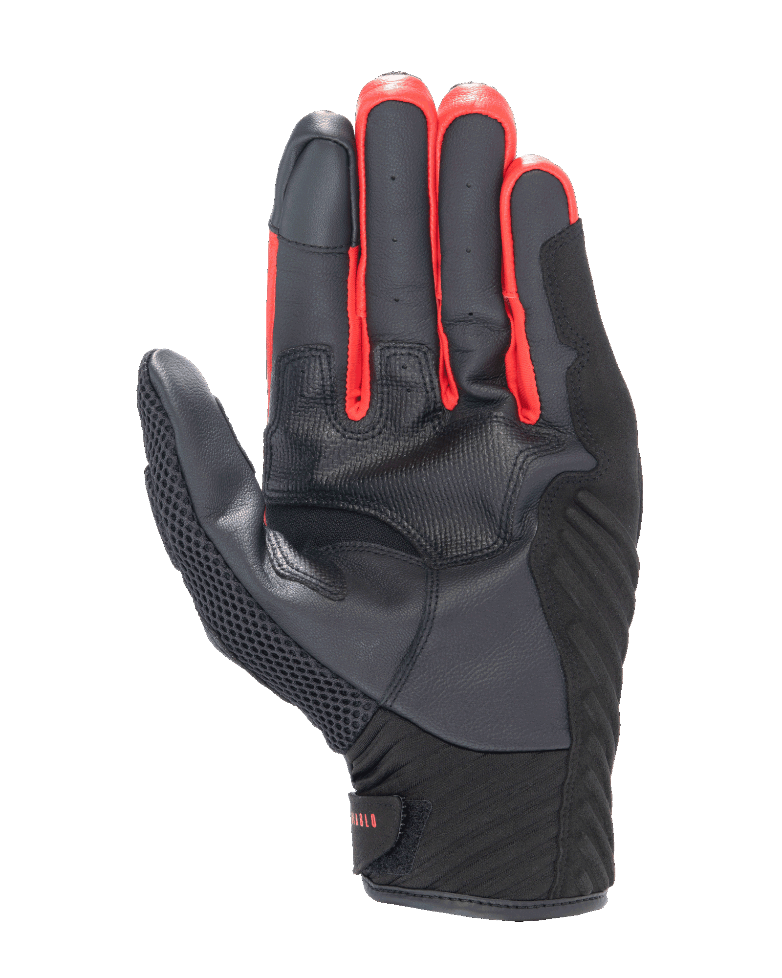 Alpinestars FQ20 SMX-1 Air V2 Monster Gloves, palm view, black leather and mesh construction with red accents between the fingers, short-cuff motorcycle glove for street and urban riding.
