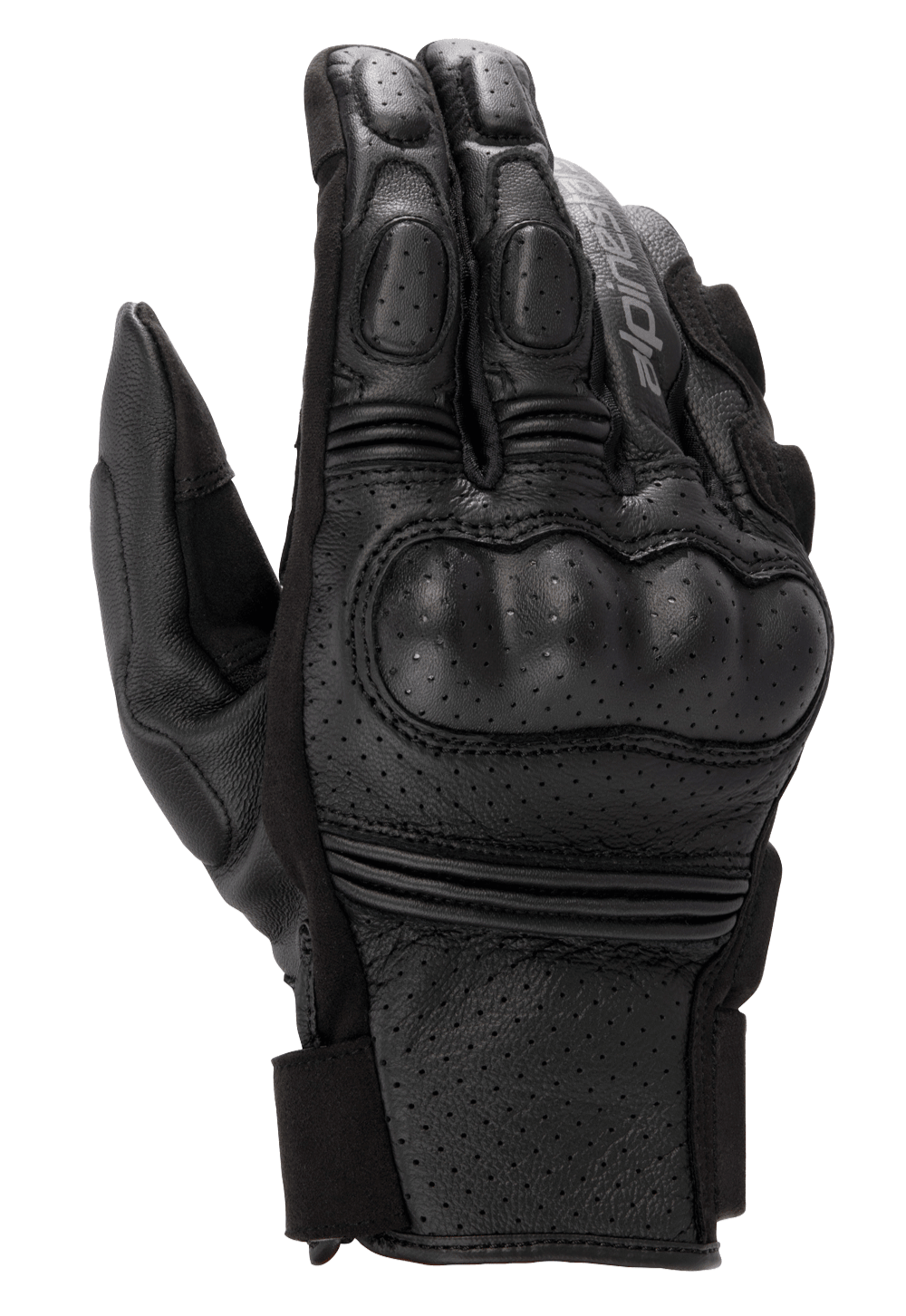 Alpinestars Phenom Leather Air Gloves, gants de moto noirs, construction en cuir de chèvre perforé, protection rigide intégrée des articulations, inserts extensibles en accordéon sur les doigts et fermeture à manchette courte