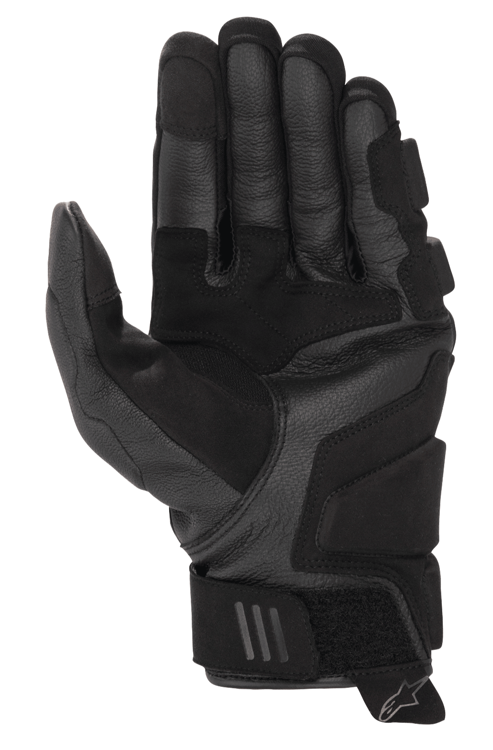 Gants en cuir Alpinestars Phenom Air, gants de moto, noir, vue de la paume avec construction en cuir de chèvre premium, rembourrage renforcé et sangle de poignet réglable avec logo