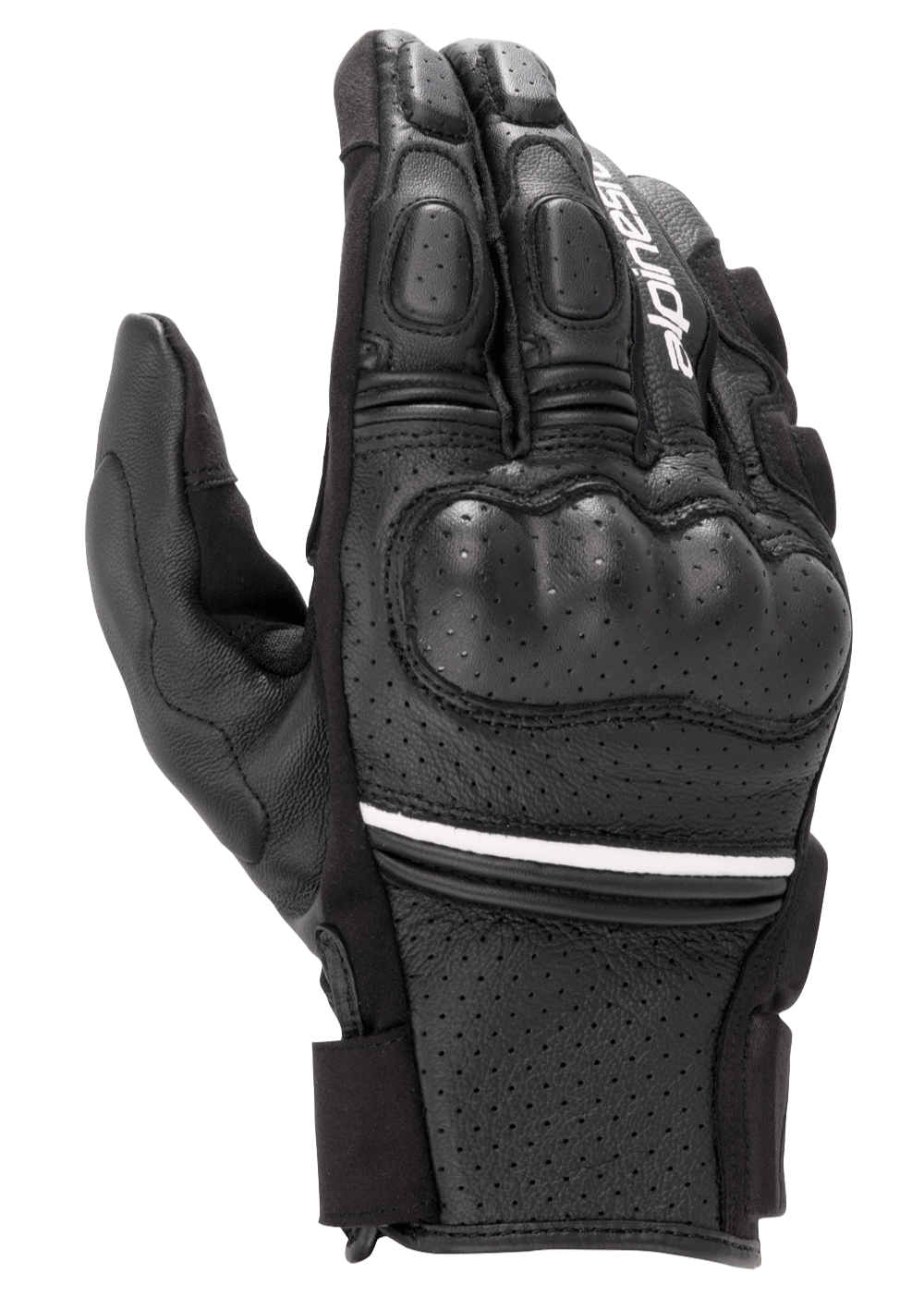 Alpinestars Phenom Leather Air, gants de moto à manchette courte, noir avec une fine rayure blanche, construction en cuir de chèvre perforé, protection rigide des articulations et doigts rembourrés