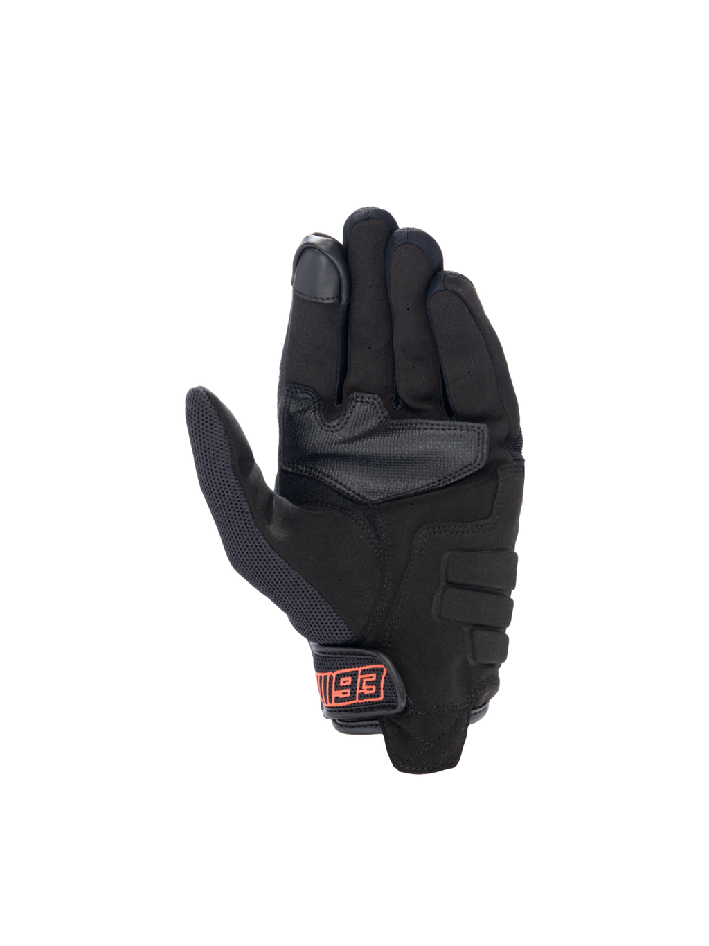 Alpinestars MM93 Losail V2, gants de moto urbains pour homme, noirs et rouges fluo, paume en suède synthétique durable et bout du doigt tactile, vue de la paume