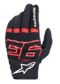 Alpinestars MM93 Losail V2 Gloves, Black with Red Fluo, featuring Marc Marquez 93 graphic, white Alpinestars logo, breathable mesh backhand, accordion finger panels for flexibility, urban motorcycle racing style