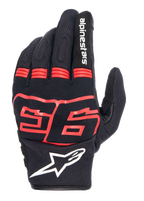 Alpinestars MM93 Losail V2 Gloves, Black with Red Fluo, featuring Marc Marquez 93 graphic, white Alpinestars logo, breathable mesh backhand, accordion finger panels for flexibility, urban motorcycle racing style
