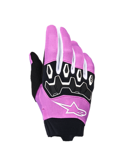 Alpinestars Stella Full Bore V2 Gloves, Women's Motocross Gloves, Violet White and Black, featuring ergonomic TPR knuckle protection, white Alpinestars star logo on violet stretch fabric, black neoprene cuff, off-road motorcycle racing gear