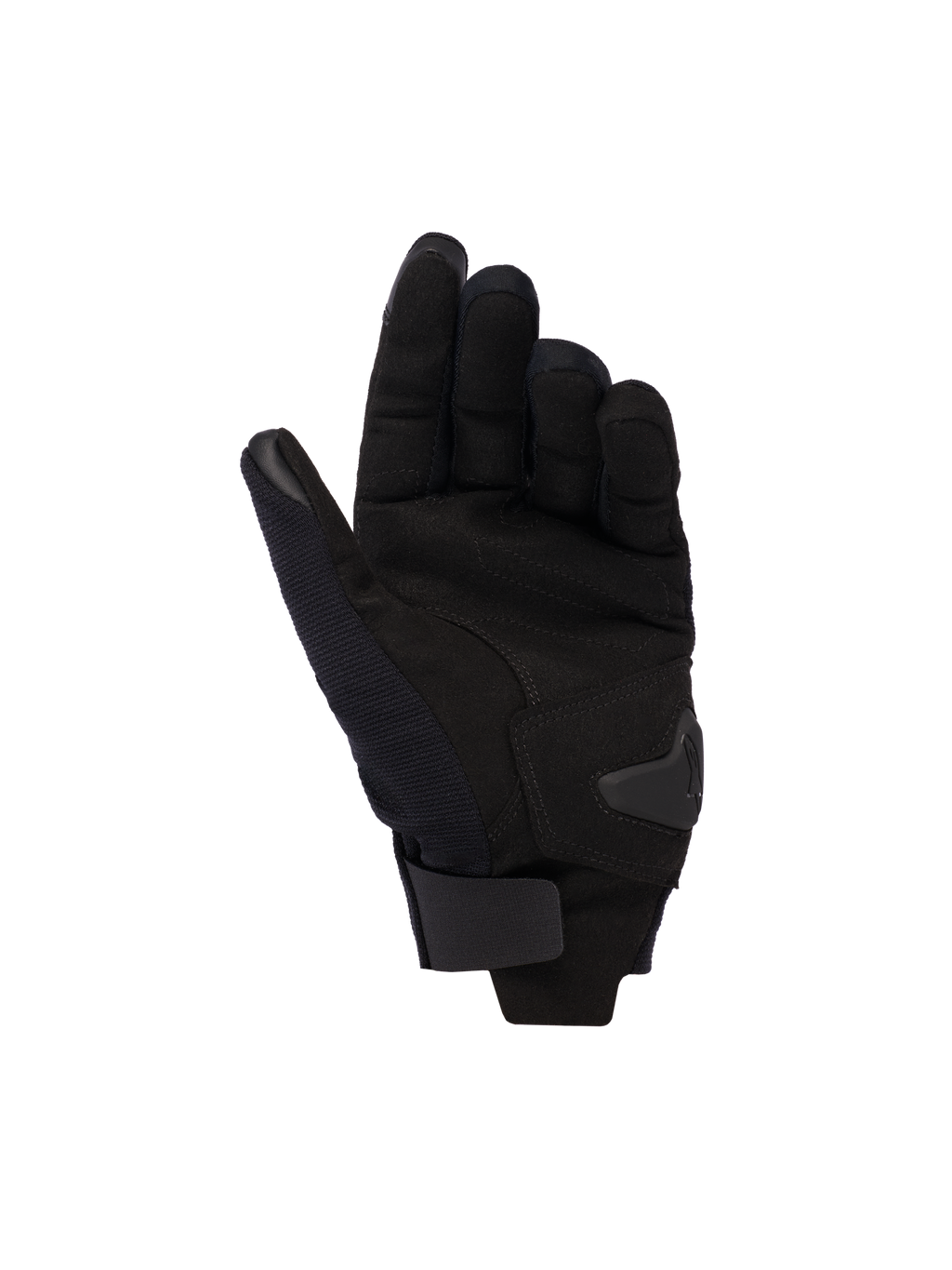 Gants Alpinestars Reef Femme V2, noir, vue de la paume montrant le matériau en suède synthétique, le renfort rembourré et la sangle de poignet à crochet et boucle, gants de moto urbains à manchette courte