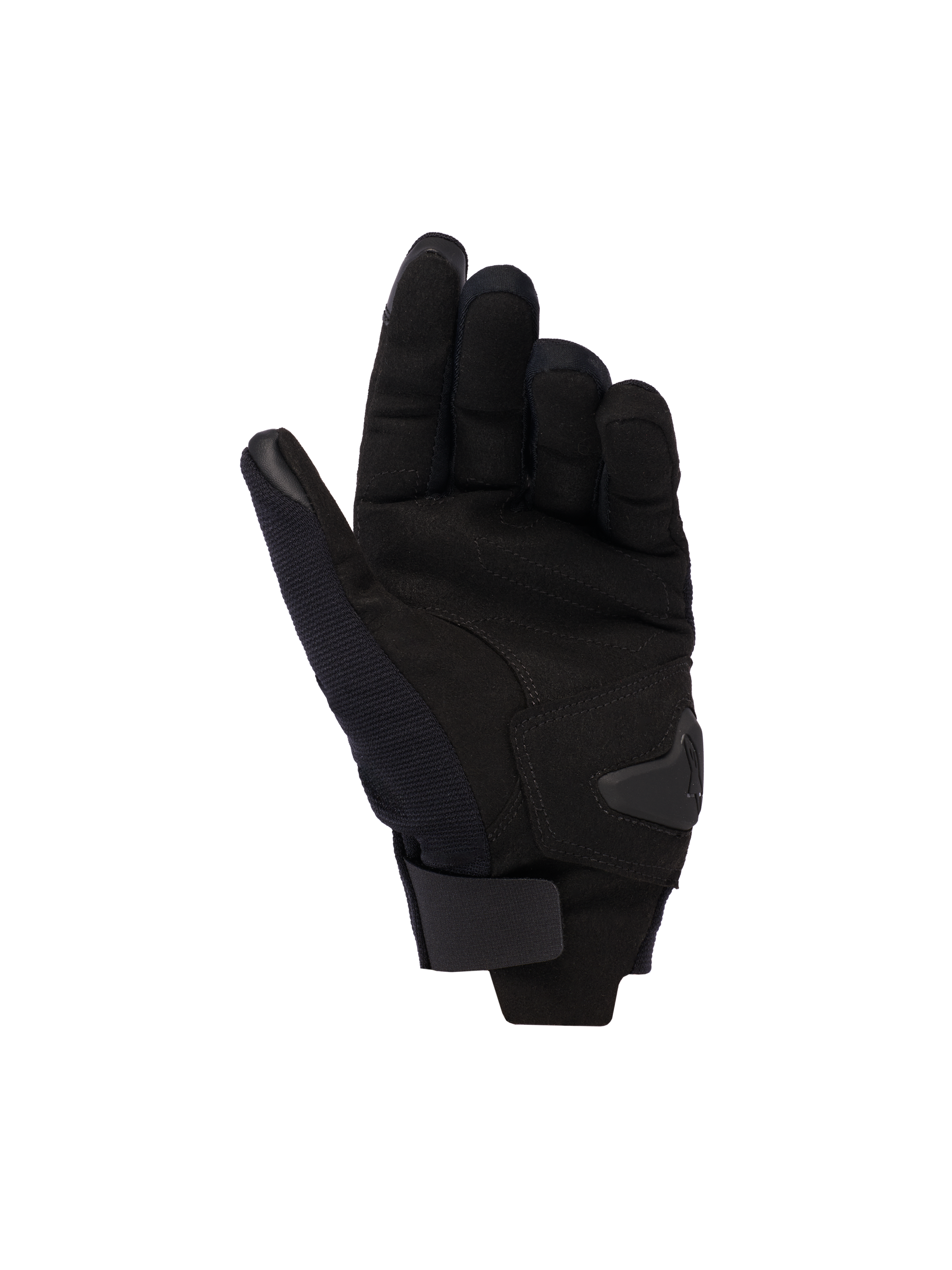 Gants Alpinestars Reef Femme V2, noir, vue de la paume montrant le matériau en suède synthétique, le renfort rembourré et la sangle de poignet à crochet et boucle, gants de moto urbains à manchette courte