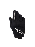 Alpinestars Reef Femme V2, gants de moto à manchette courte, noirs et blancs, dos en textile avec protection des articulations en TPU 3D, logo étoile blanc et marquage sur l'index