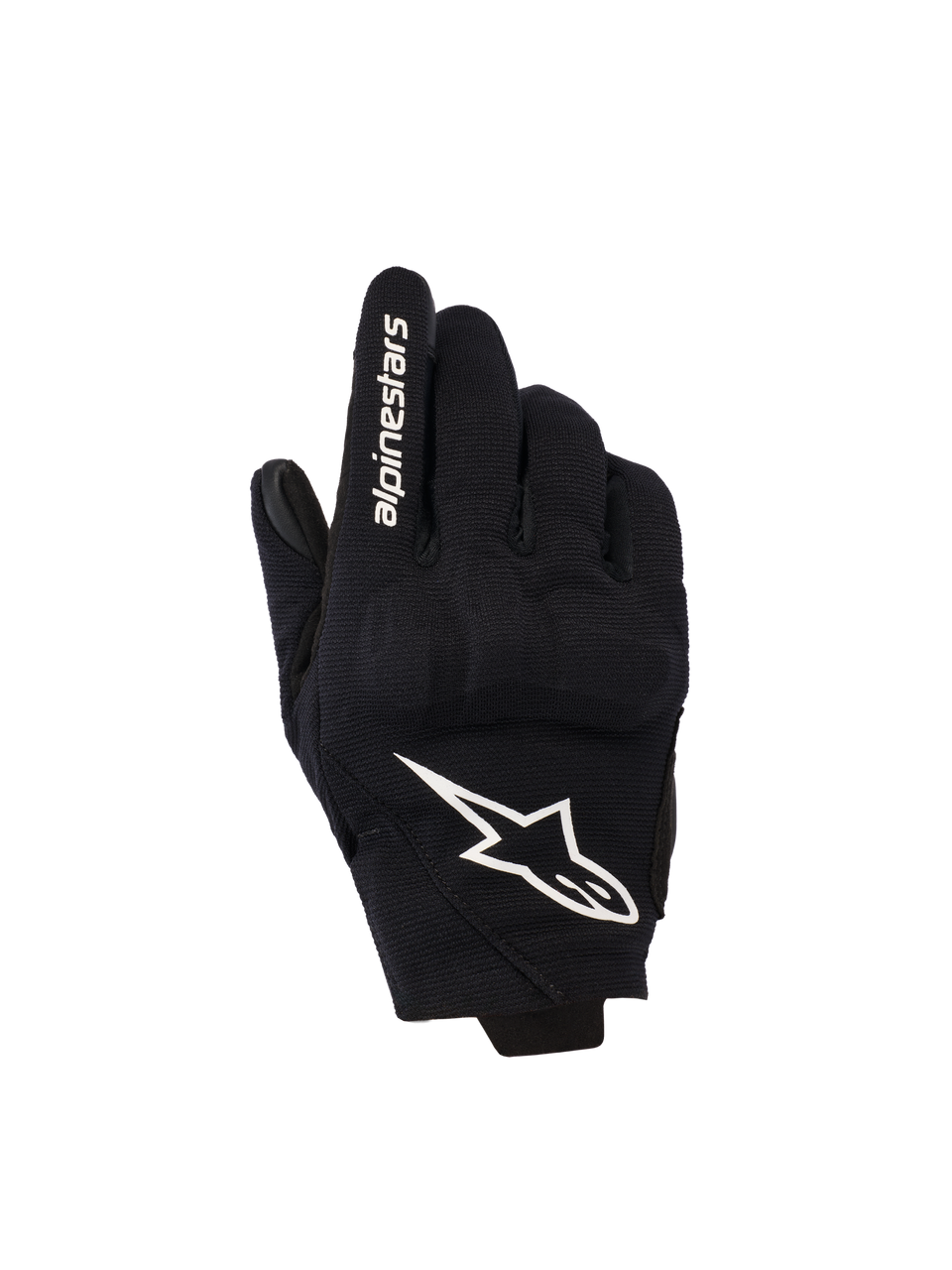 Alpinestars Reef Femme V2, gants de moto à manchette courte, noirs et blancs, dos en textile avec protection des articulations en TPU 3D, logo étoile blanc et marquage sur l'index