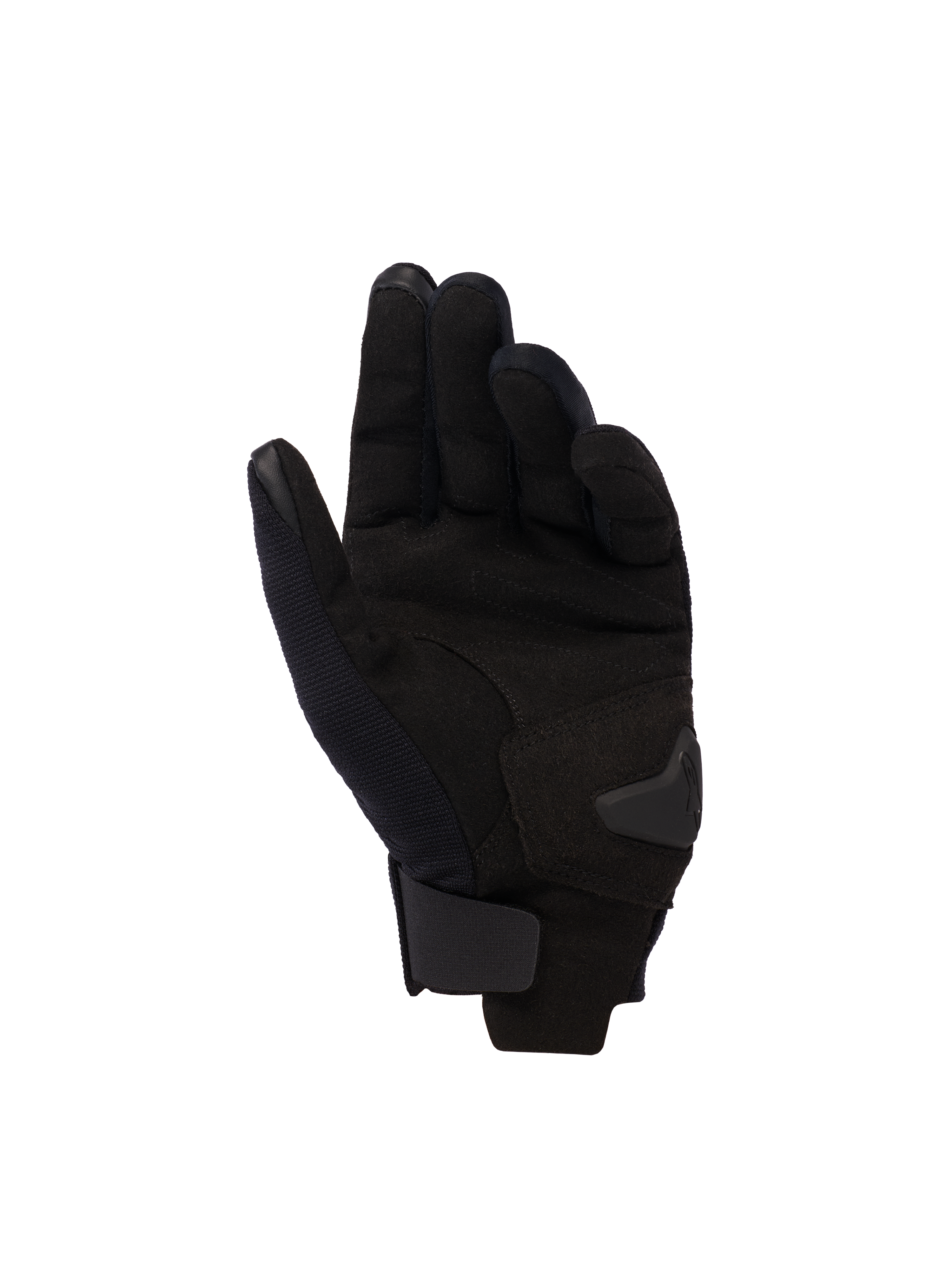 Gants Alpinestars Reef V2 pour femme, vue de la paume, Black Hawaiian Ocean, gants de moto à manchette courte avec paume en suède synthétique, bouts des doigts compatibles avec les écrans tactiles et fermeture de poignet réglable.