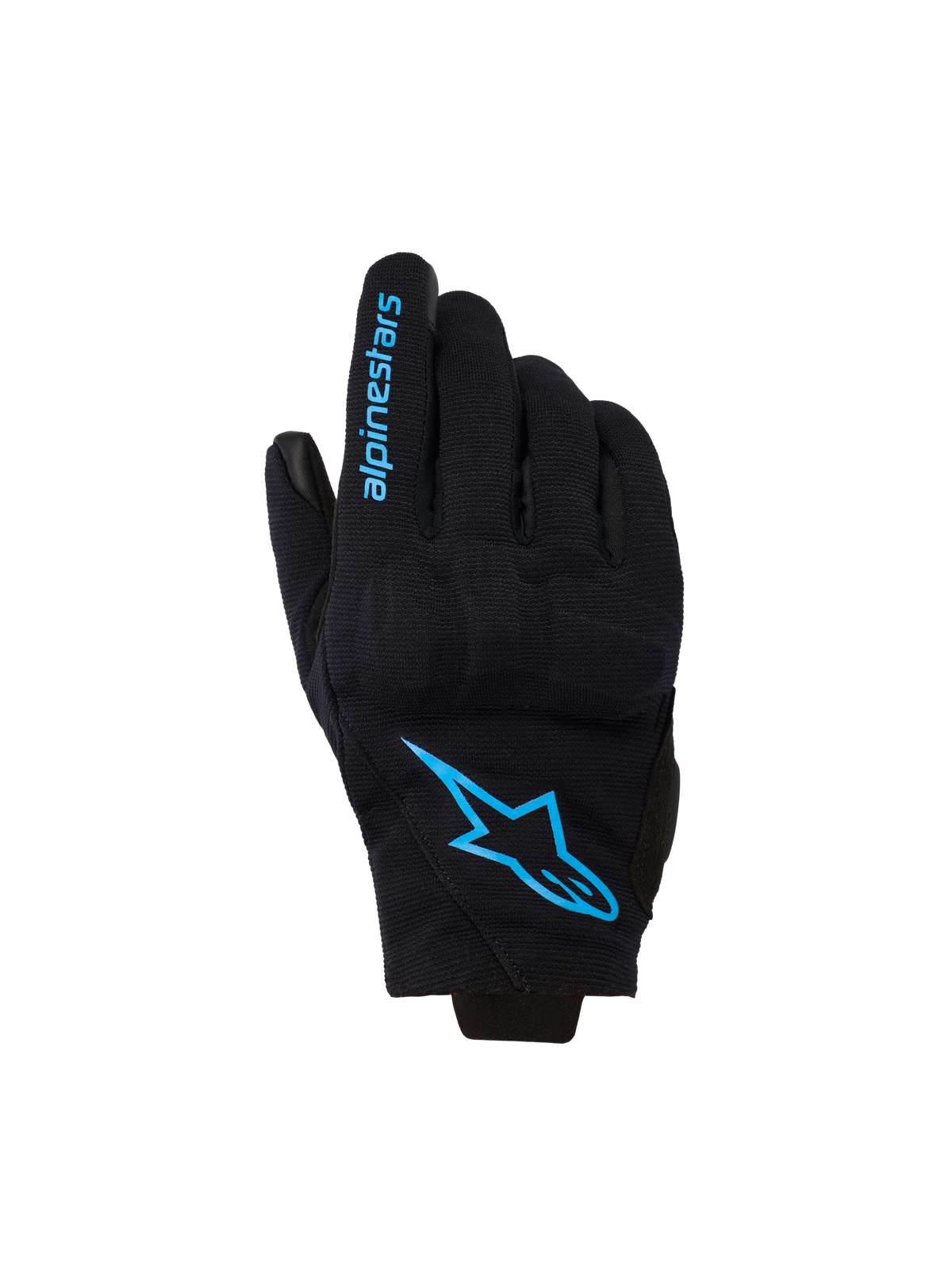 Alpinestars Reef Women's V2 Gloves, short cuff motorcycle gloves, black with bright blue Hawaiian Ocean branding, featuring Alpinestars logo on the backhand and text on the finger, urban riding style.