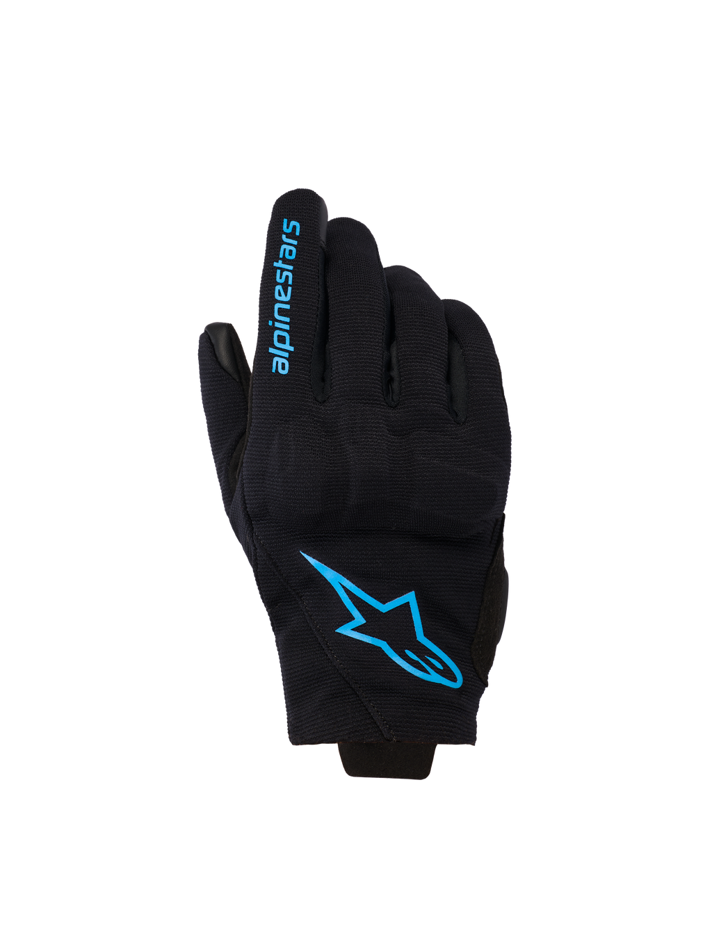 Gants Alpinestars Reef Women's V2, gants de moto à manchette courte, noirs avec marquage bleu vif Hawaiian Ocean, arborant le logo Alpinestars sur le dos de la main et du texte sur le doigt, style de conduite urbain.
