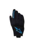 Gants Alpinestars Reef Women's V2, gants de moto à manchette courte, noirs avec marquage bleu vif Hawaiian Ocean, arborant le logo Alpinestars sur le dos de la main et du texte sur le doigt, style de conduite urbain.