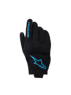 Gants Alpinestars Reef Women's V2, gants de moto à manchette courte, noirs avec marquage bleu vif Hawaiian Ocean, arborant le logo Alpinestars sur le dos de la main et du texte sur le doigt, style de conduite urbain.