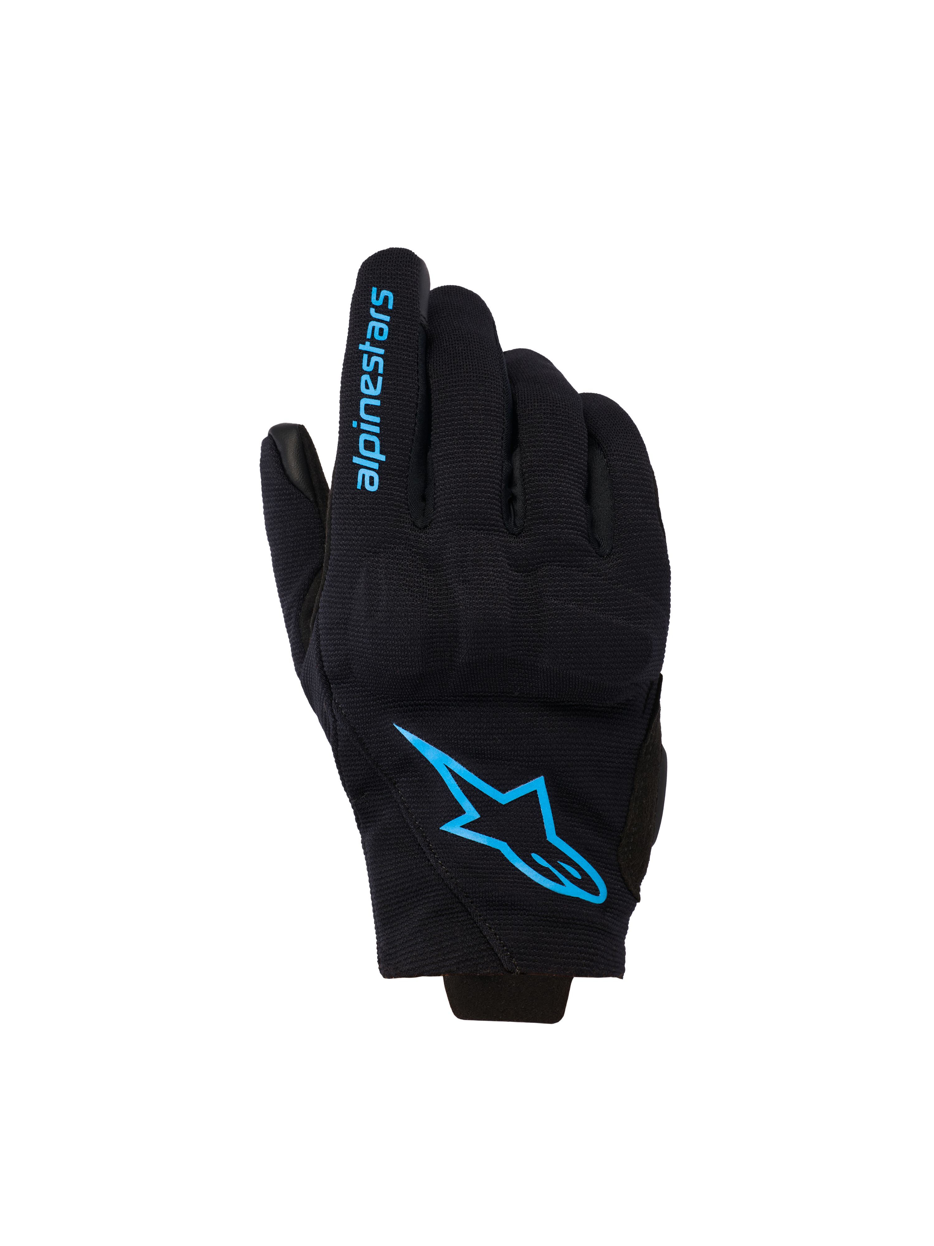 Gants Alpinestars Reef Women's V2, gants de moto à manchette courte, noirs avec marquage bleu vif Hawaiian Ocean, arborant le logo Alpinestars sur le dos de la main et du texte sur le doigt, style de conduite urbain.