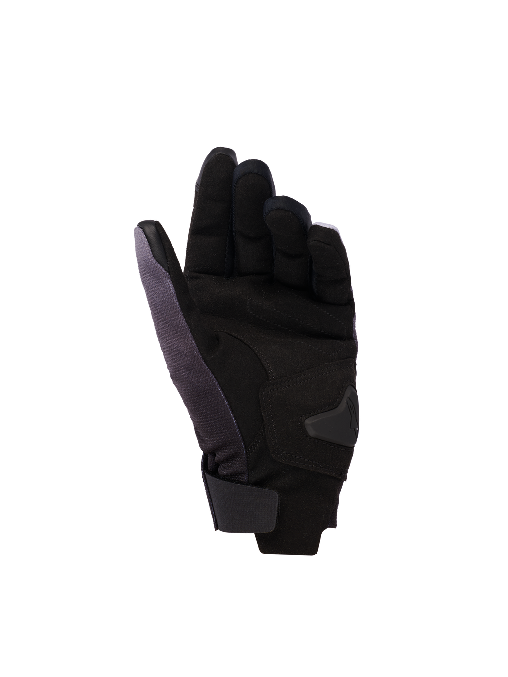 Gants Alpinestars Reef Femme v2, gants de moto pour femme, Gris Noir Rose Fluo, vue de la paume en suède synthétique avec renforts rembourrés, manchette courte avec fermeture à boucle et crochet, et cuir conducteur sur l'index et le pouce pour écrans tactiles