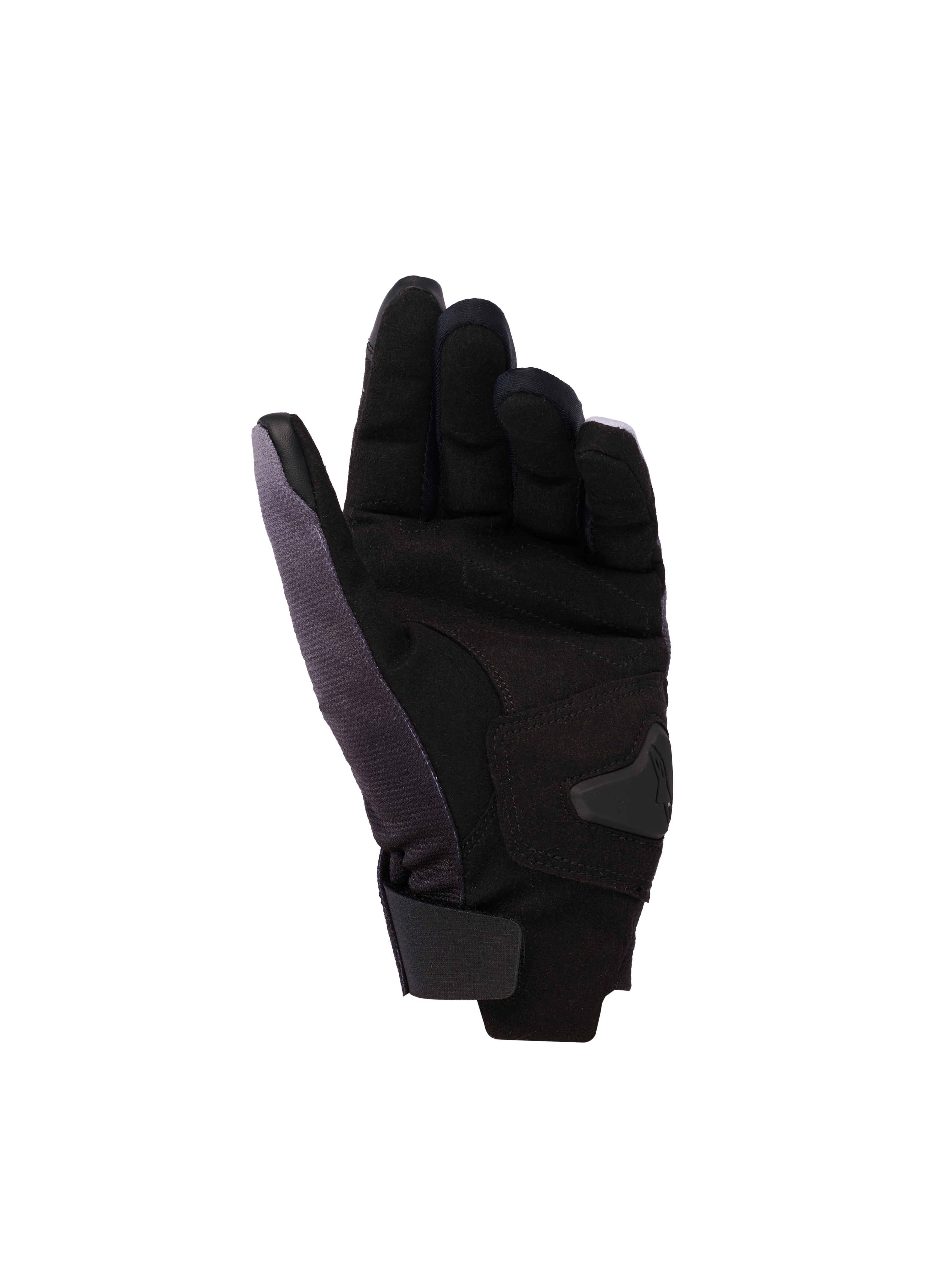 Gants Alpinestars Reef Femme v2, gants de moto pour femme, Gris Noir Rose Fluo, vue de la paume en suède synthétique avec renforts rembourrés, manchette courte avec fermeture à boucle et crochet, et cuir conducteur sur l'index et le pouce pour écrans tactiles