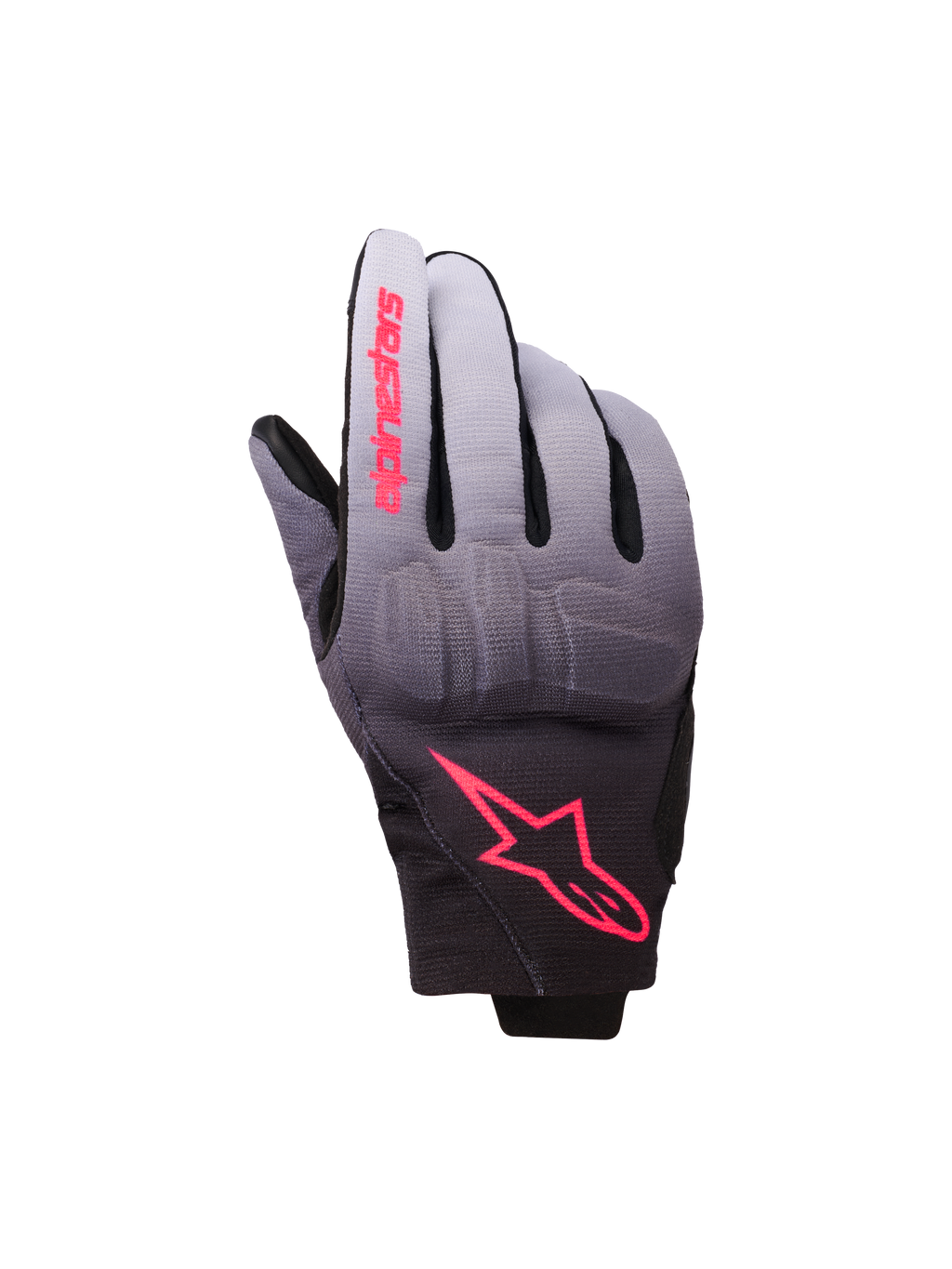 Gants Alpinestars Reef V2 pour femme, gants de moto, gris, noir et rose fluo, textile avec dégradé du gris au noir et logos roses, protection des articulations intégrée et manchette courte, équipement de moto urbain moderne