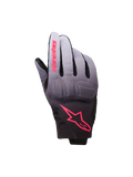 Gants Alpinestars Reef V2 pour femme, gants de moto, gris, noir et rose fluo, textile avec dégradé du gris au noir et logos roses, protection des articulations intégrée et manchette courte, équipement de moto urbain moderne