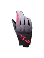 Gants Alpinestars Reef V2 pour femme, gants de moto, gris, noir et rose fluo, textile avec dégradé du gris au noir et logos roses, protection des articulations intégrée et manchette courte, équipement de moto urbain moderne