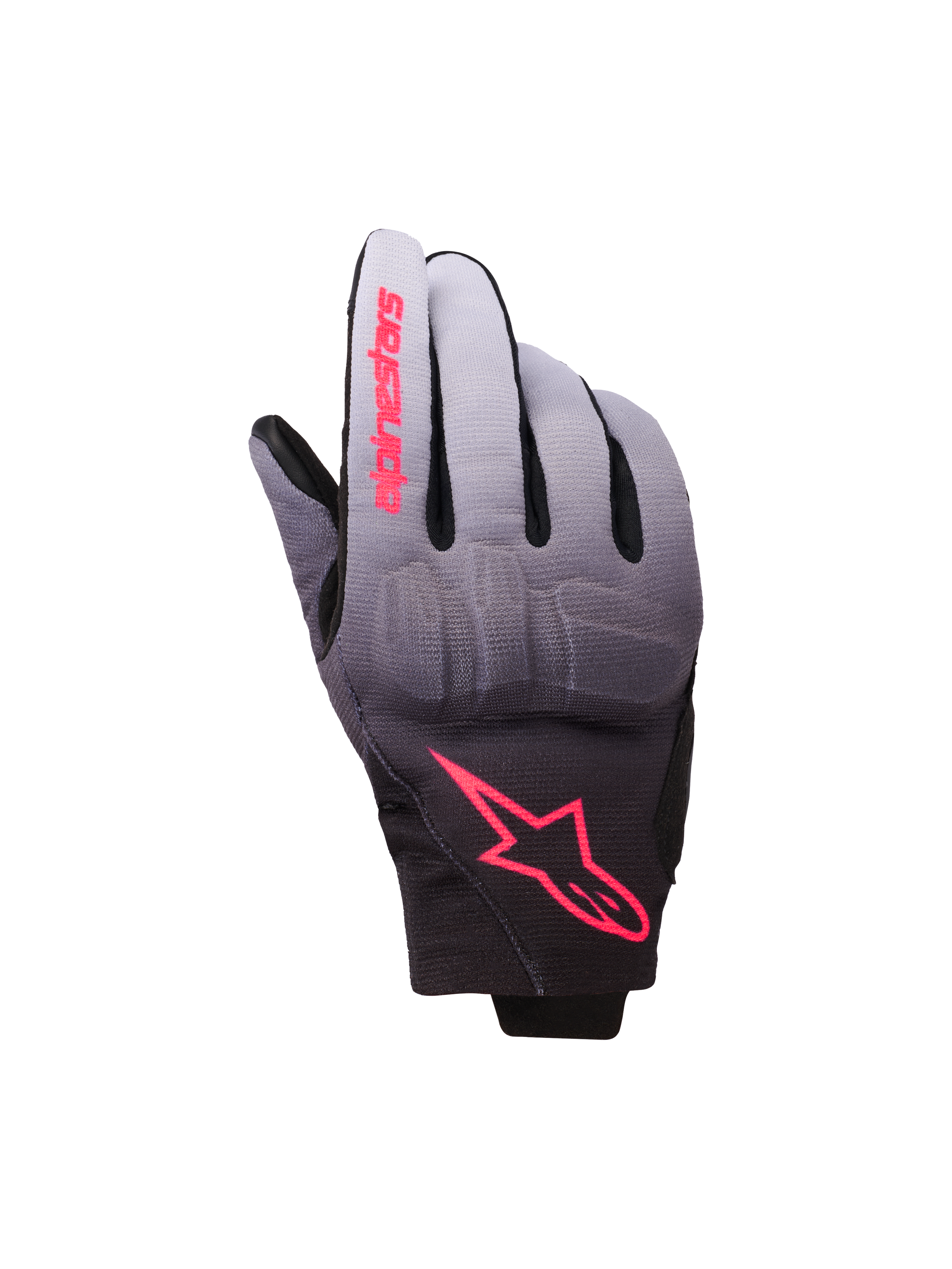 Gants Alpinestars Reef V2 pour femme, gants de moto, gris, noir et rose fluo, textile avec dégradé du gris au noir et logos roses, protection des articulations intégrée et manchette courte, équipement de moto urbain moderne